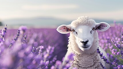 A vibrant and clear photo of a white sheep in a field of blooming lavender, focus cover all object