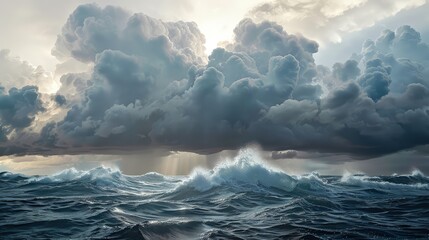 Wall Mural - Soft gray clouds gathering above a stormy sea, the occasional sunlight piercing through them to illuminate the waves below.