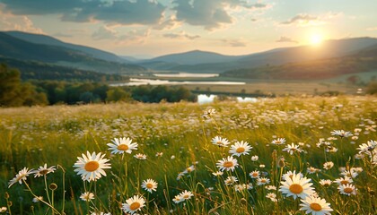 Wall Mural - Summer landscape with daisies in grassy countryside.