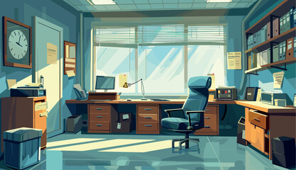 Poster - Abandoned office interior background. Workstation furniture. Computer desk chair shelves. Flat cartoon style. Vector illustration