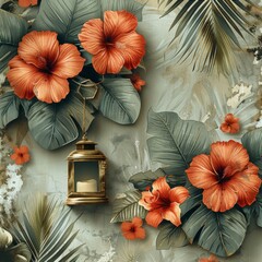 Wall Mural - Exotic Flowers and Tropical Leaves