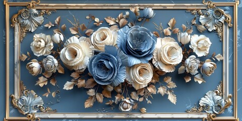 Wall Mural - Decorative Wall Art with Blue and White Flowers, Vintage Style