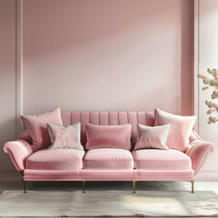 3D render of a living room interior with a wall mock-up, featuring a velvet pink sofa and pillows.