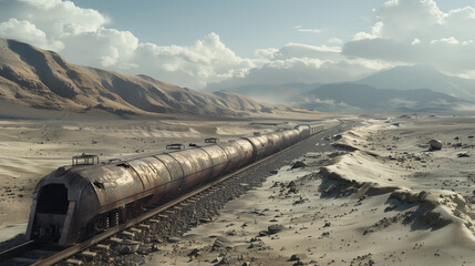 Wall Mural - A long, rusty futuristic train stranded on railway tracks in a vast, desolate desert with mountains in the background