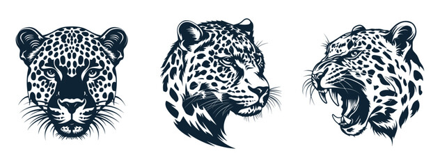 black and white leopard head set. front view. side view. with closed and opened mouth. wild feline p