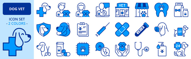 Icons in two colors about dogs and vet. Pets.