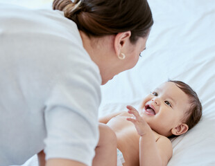 Poster - Smile, mom and baby on bed with playing, bonding and laughing together with happy toddler. Home, mother and infant girl relax in bedroom with fun for growth, love and support in child development