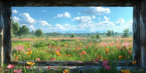 Wall Mural - Vibrant Field of Flowers, Entrance to a Meadow