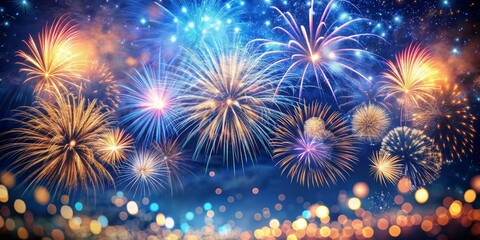 Wall Mural - Colorful Fireworks Display Against a Night Sky with Bokeh Lights, celebration , fireworks , night sky , bokeh