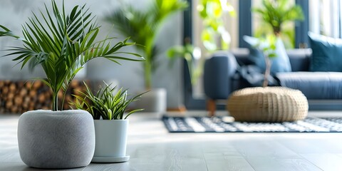 Sticker - Contemporary living room with white and blue tones parquet floor and houseplants. Concept Living Room Decor, White & Blue Theme, Parquet Flooring, House Plants, Contemporary Design