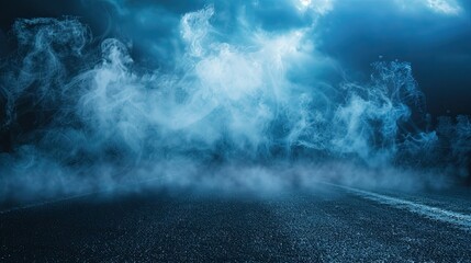 Wall Mural - Dark blue street with floating smoke, thunderstorm environment, and asphalt floor, abstract studio