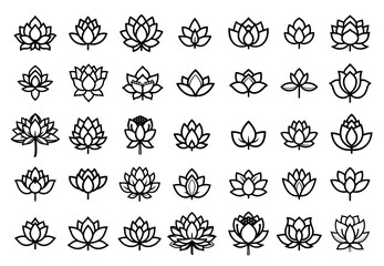 Wall Mural - Lotus Flower icons set. Black outline stroke. Oriental flower. Spa and yoga salon decoration element. Isolated vector clipart collection