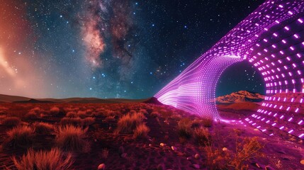 Wall Mural - A surreal landscape where a loop of bright purple light bulbs creates a disco wall, set against an otherworldly desert under a star-filled sky, blending natural and synthetic elements.