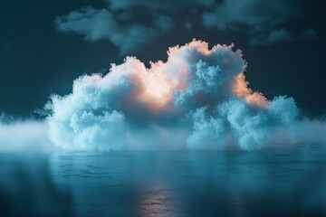 Large orange and blue cloud is floating over a dark, mysterious ocean