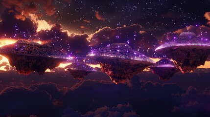Wall Mural - A surreal landscape with floating islands under a dark sky, each island glowing with glittering purple lights, creating a dreamlike and fantastical 3D scene.