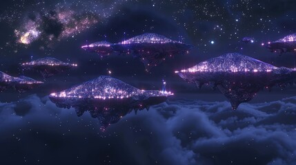 Wall Mural - A surreal landscape with floating islands under a dark sky, each island glowing with glittering purple lights, creating a dreamlike and fantastical 3D scene.