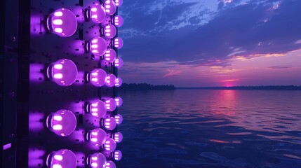 Wall Mural - a tranquil abstract background featuring a loop of soft glowing purple light bulbs on a disco wall, 