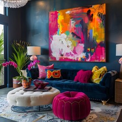 Vibrant and eclectic living space showcasing a captivating abstract art piece as the focal point complemented by plush jewel toned seating a cozy bohemian inspired atmosphere 