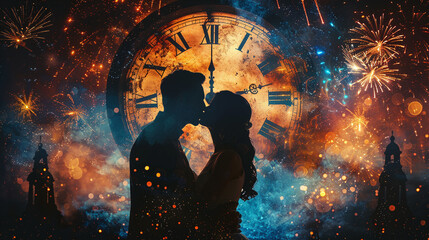 Wall Mural - First Kiss of the Year, Silhouette of a couple sharing a romantic kiss as the clock strikes midnight, illuminated by fireworks in the background.