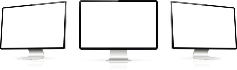 Three monitor with empty display, realistic set device screen mockup
