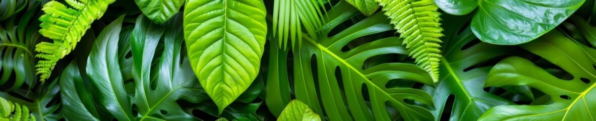 Wall Mural - lush green tropical foliage - closeup texture of various leaves with vibrant colors and organic shap