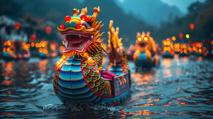 Wall Mural - A dragon boat is floating on a river with other boats