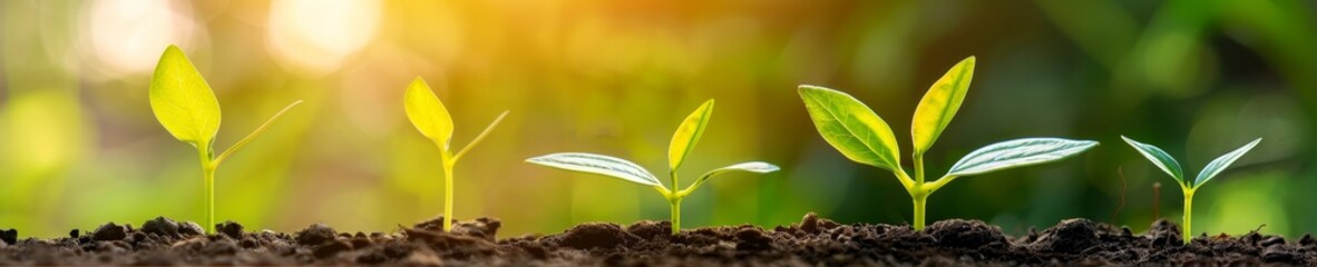 five green seedlings growing in soil with blurred background - concept of new beginnings, growth and hope.