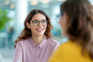 two businesswomen smiling and talking in modern office setting.