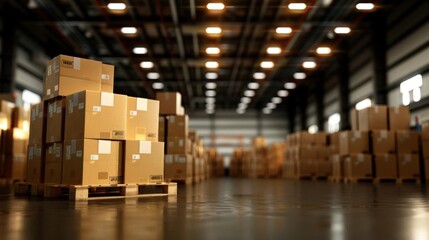 A warehouse filled with stacks of cardboard boxes on wooden pallets, realistic style, high detail, soft lighting