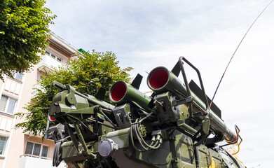 Close up shot of the air defense missile system. Military