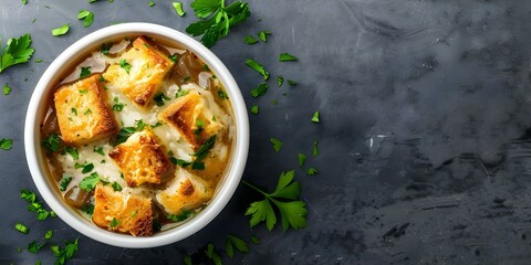 Sticker - French onion soup with lowfat croutons viewed from above in bowl. Concept Food Photography, French Cuisine, Comfort Food, Low-fat Recipes, Top-down Composition