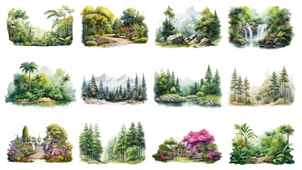 Poster - Landscape watercolor png element set, transparent background