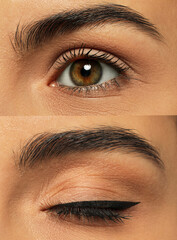 Poster - Beautiful woman before and after permanent eyeliner procedure, closeup. Collage of photos