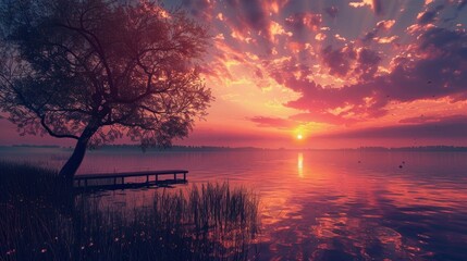 Wall Mural - As the sun sets over the lake, take in its beauty and allow your worries to fade.