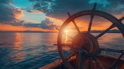 Wall Mural - A wooden boat with a large wheel in the middle of the water. The wheel is surrounded by a beautiful sunset, creating a serene and peaceful atmosphere