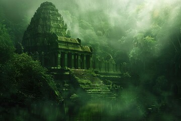 A lush green jungle with a temple in the background. The temple is old and has a mossy appearance. The sky is cloudy and the atmosphere is mysterious and serene