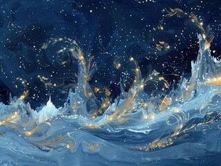 Wall Mural - enchanted winter wonderland with shimmering golden particles swirling through navy blue sky illuminating crystalline ice structures