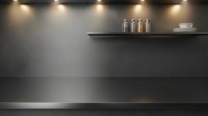 Sticker - Countertop with silver steel and empty shelf. Grey kitchen counter with spotlight. Foreground bar desk surface