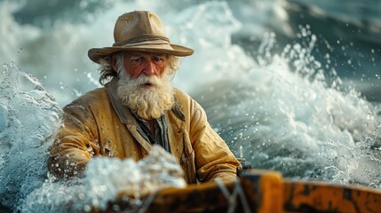 a bearded man in a hat and rain gear struggles against rough ocean waves in a wooden boat, capturing