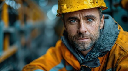 A bearded worker wearing a hard hat and orange uniform poses confidently in an industrial setting, representing resilience and dedication in a demanding work environment.