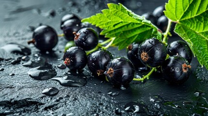 A closeup of blackcurrant berries on a green background