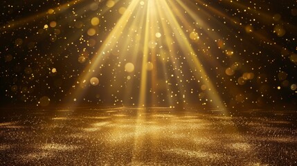Wall Mural - backdrop for displaying products. illuminated golden stage with bright spotlights, sparkling glitter