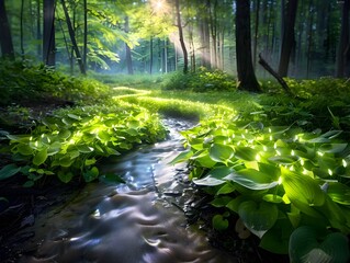 Sticker - Enchanting Glowing Hosta Plants Illuminating a Mystical Forest Stream