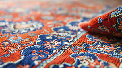 Persian carpet with vibrant red and blue, closeup, intricate patterns