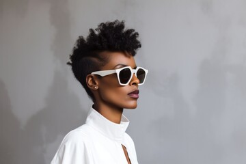 Wall Mural - Portrait of a content afro-american woman in her 40s wearing a trendy sunglasses in minimalist or empty room background