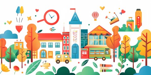 Wall Mural - A colorful cityscape with a clock on the left side. The clock is surrounded by a magnifying glass and a book. The city is filled with various buildings, trees, and vehicles, including cars, buses