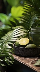 Poster - a plant with green leaves and blue stones in a container.