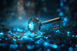 © btiger - Key Surrounded by Digital Data and Cyber Security Elements on Blue Glowing Background