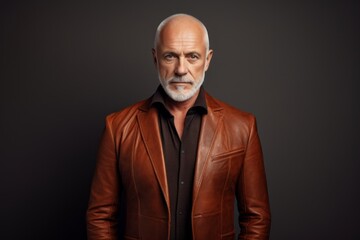 Poster - Portrait of a merry man in his 50s sporting a stylish leather blazer isolated in minimalist or empty room background