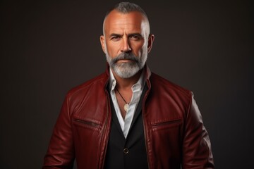 Wall Mural - Portrait of a merry man in his 50s sporting a stylish leather blazer on minimalist or empty room background